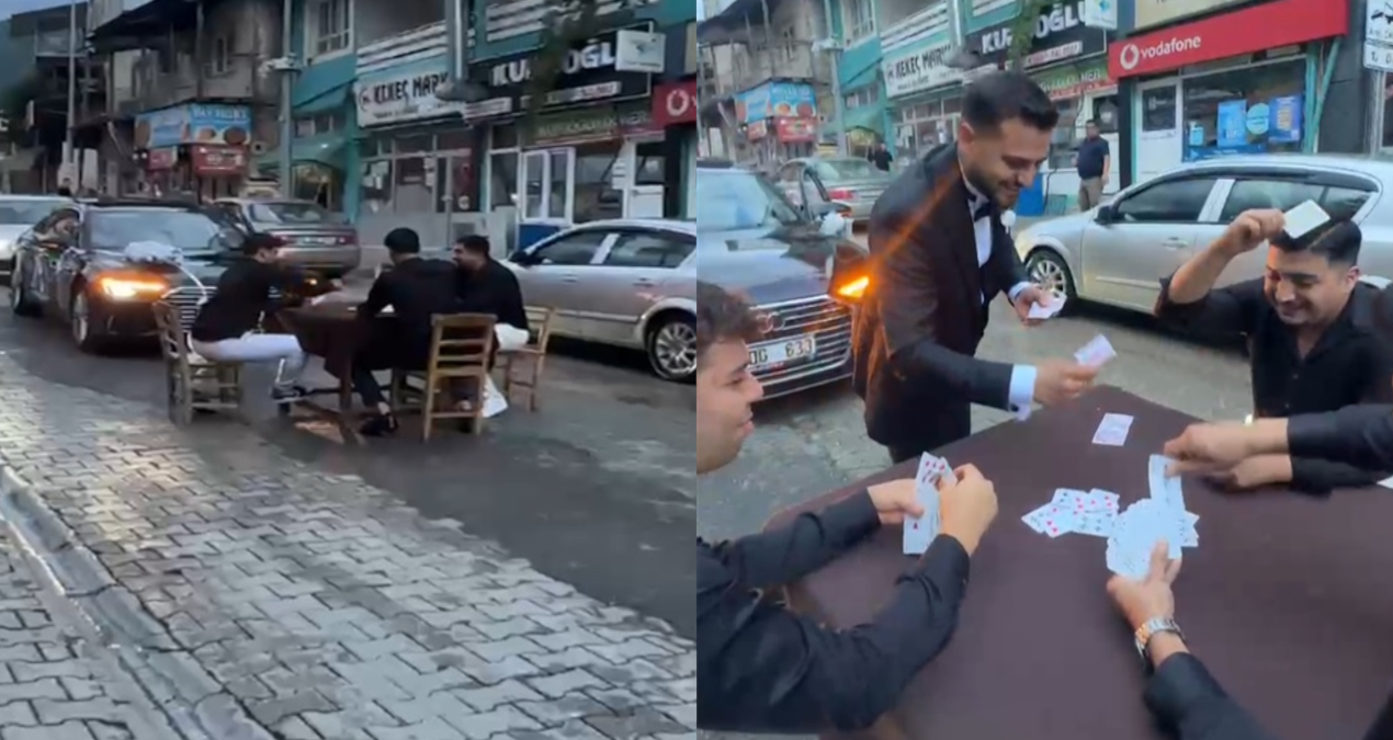 Harçlık için gelin arabasının önünü kesip, yolun ortasında iskambil oynadılar